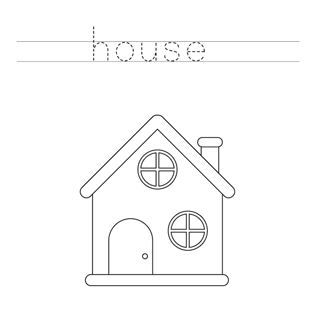 Premium vector trace the letters and color cute house handwriting practice for kids