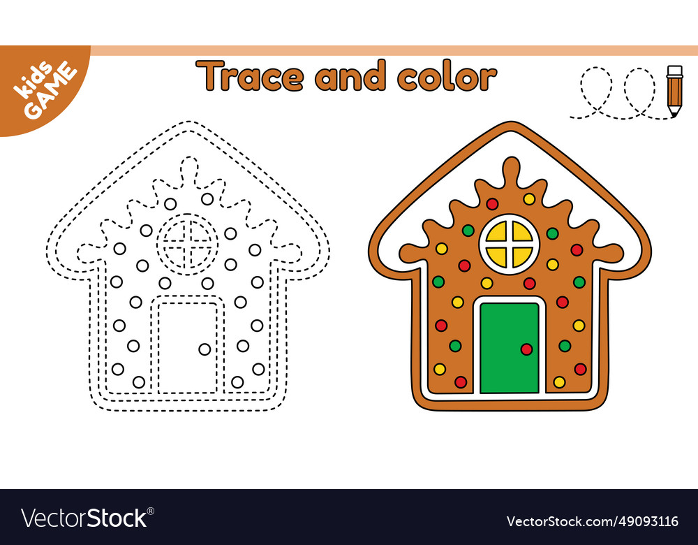 Kids game tracing lines with gingerbread house vector image