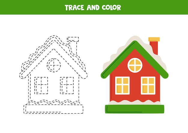 Premium vector trace and color cute cartoon snowy house worksheet for children