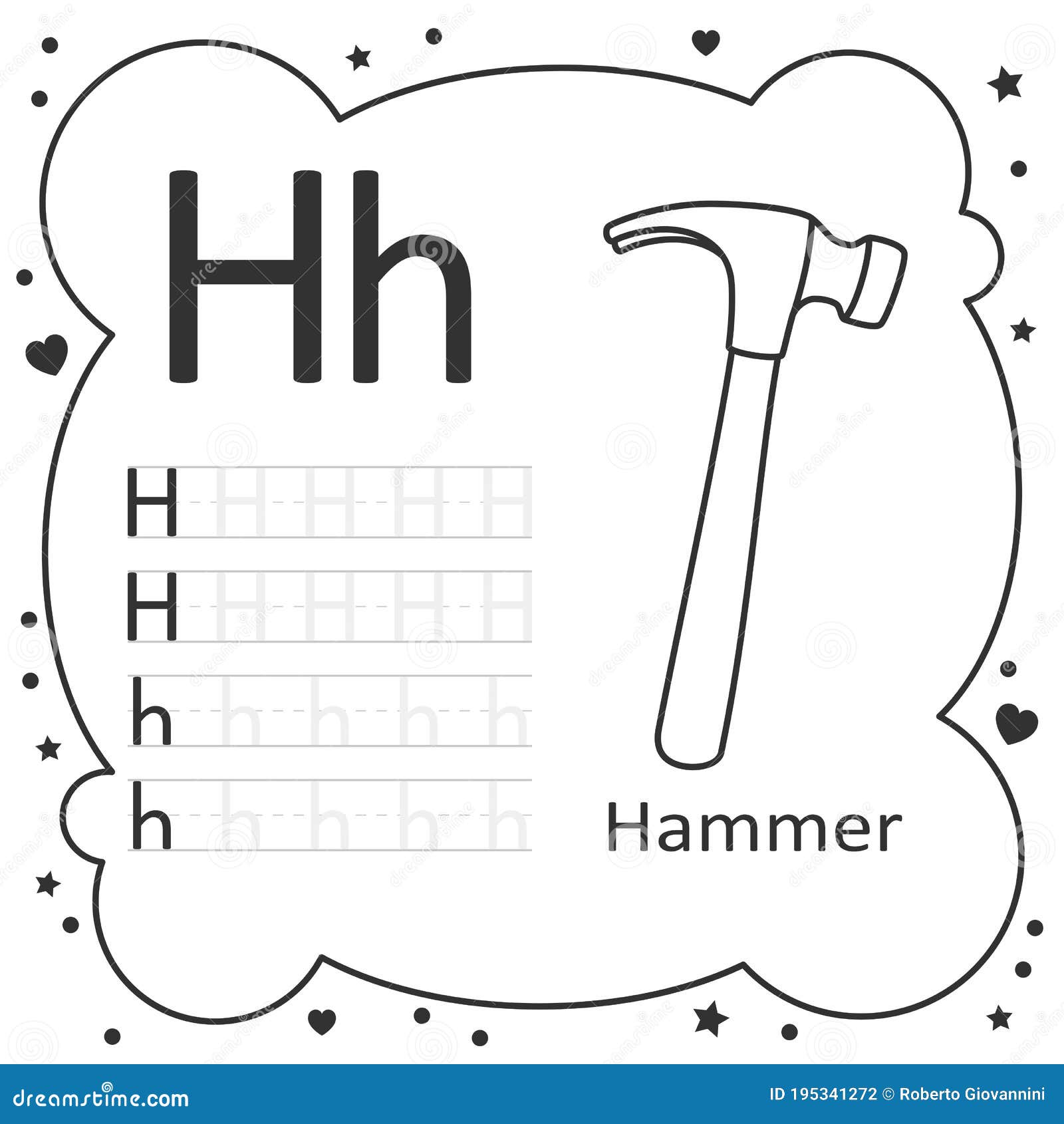 Coloring alphabet tracing letters hammer stock vector