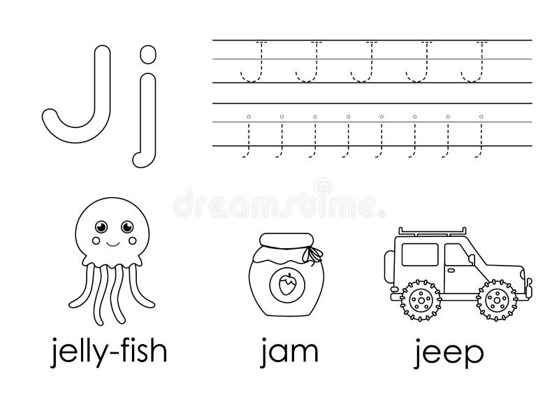 Learning english alphabet for kids letter j coloring book stock vector