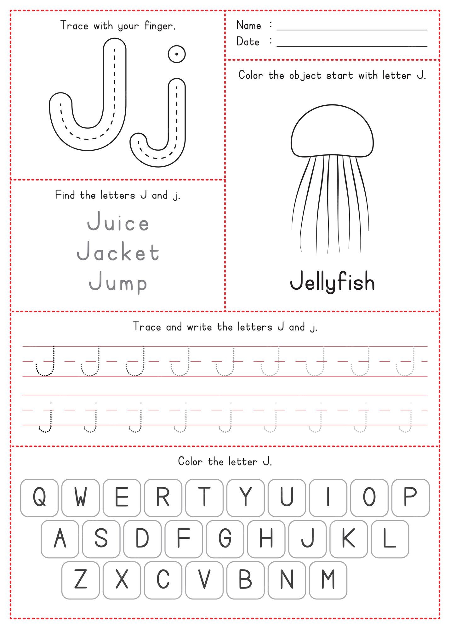 Premium vector children learning printable tracing coloring and writing alphabet j