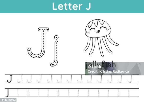 Alphabet abc az exercise coloring page trace letter j vocabulary for coloring book cute kawaii jellyfish printable activity worksheet for kids educational game vector illustration stock illustration