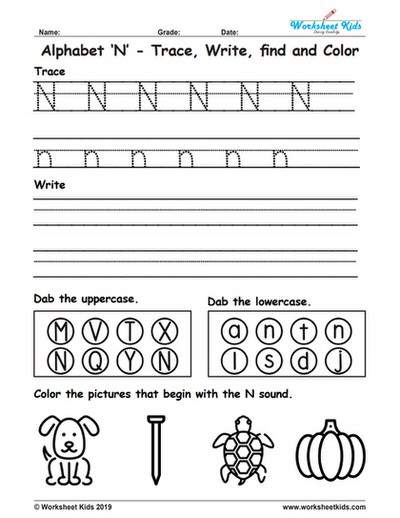 Alphabet letter n trace write find color