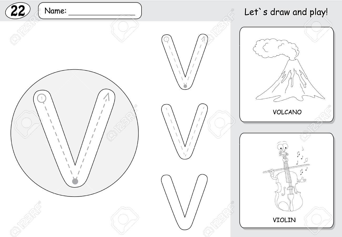 Cartoon volcano and violin alphabet tracing worksheet writing a