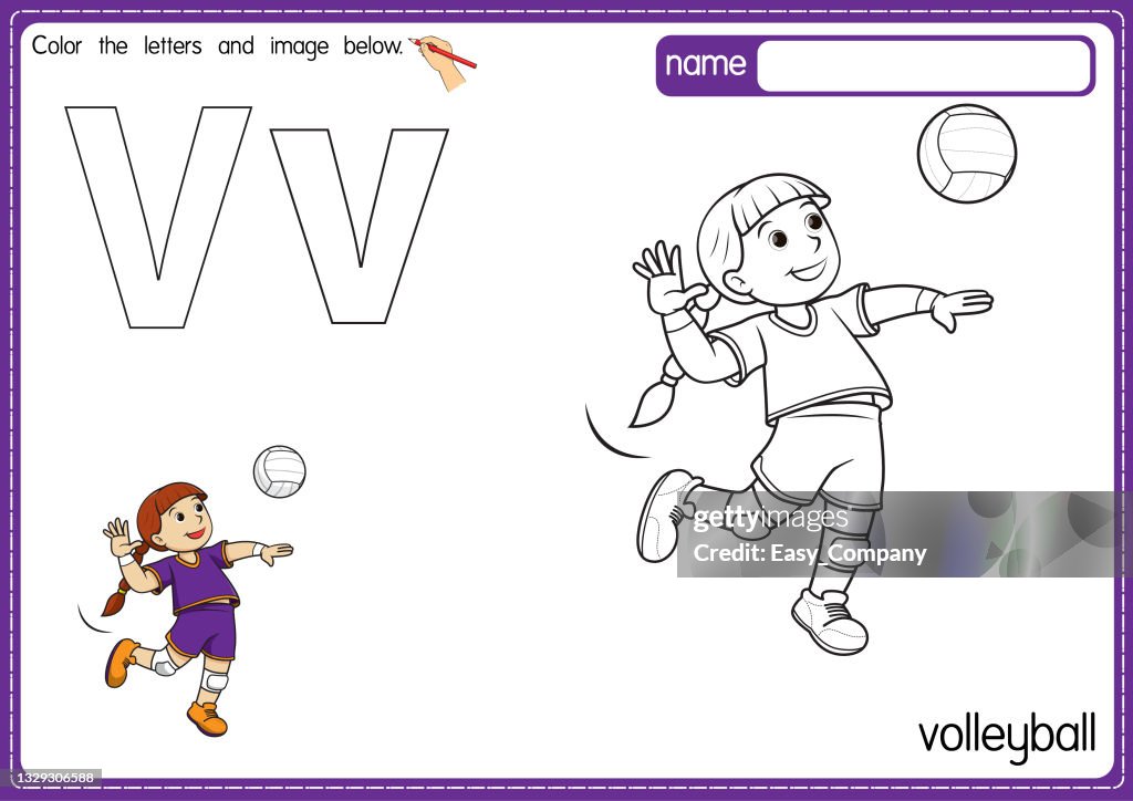 Vector illustration of kids alphabet coloring book page with outlined clip art to color letter v for volleyball high