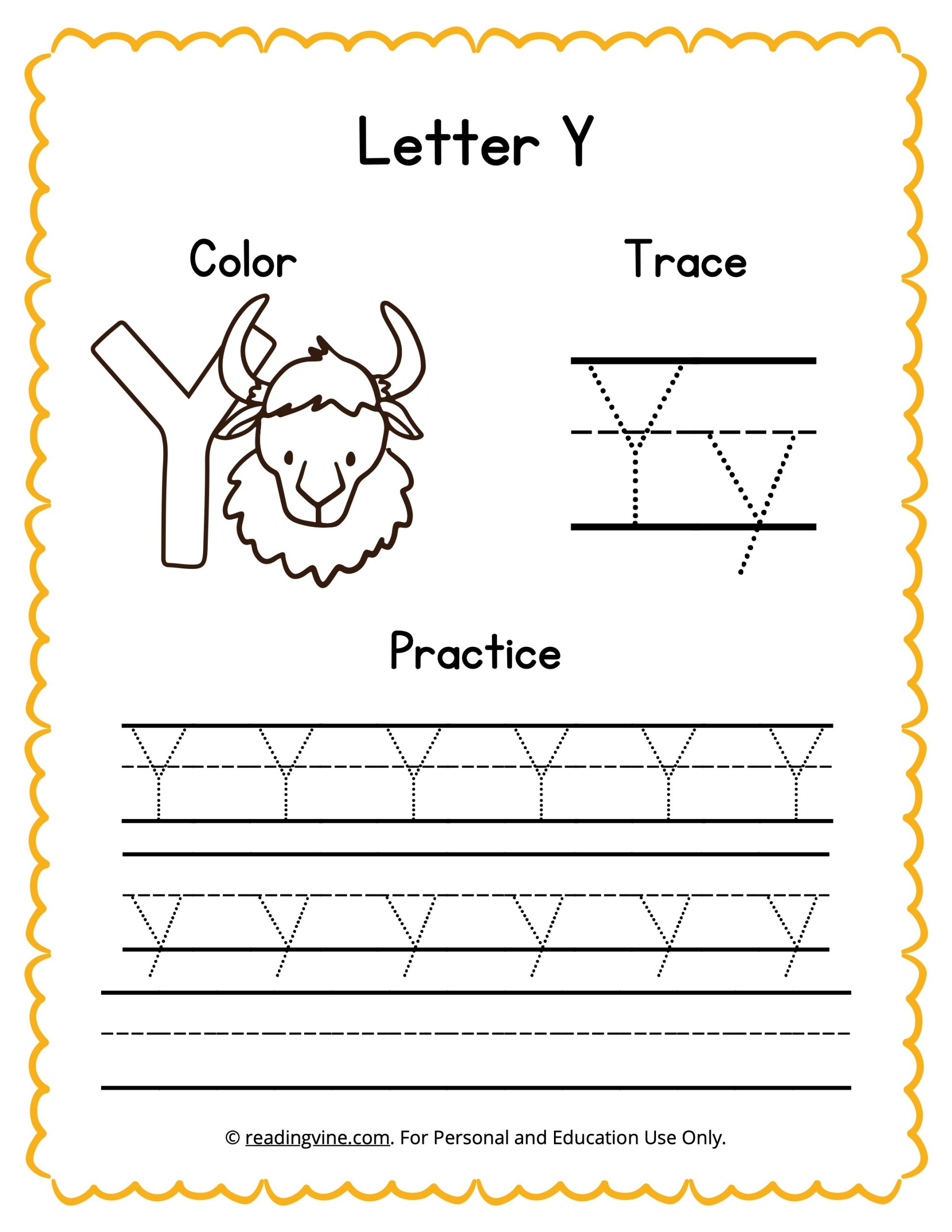 Tracing letter y worksheets for preschool