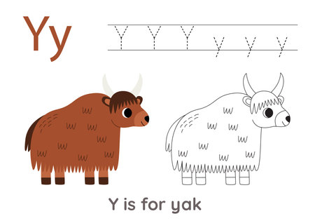 Alphabet tracing worksheet with letter y coloring page with cute cartoon yak handwriting practice for kids royalty free svg cliparts vectors and stock illustration image