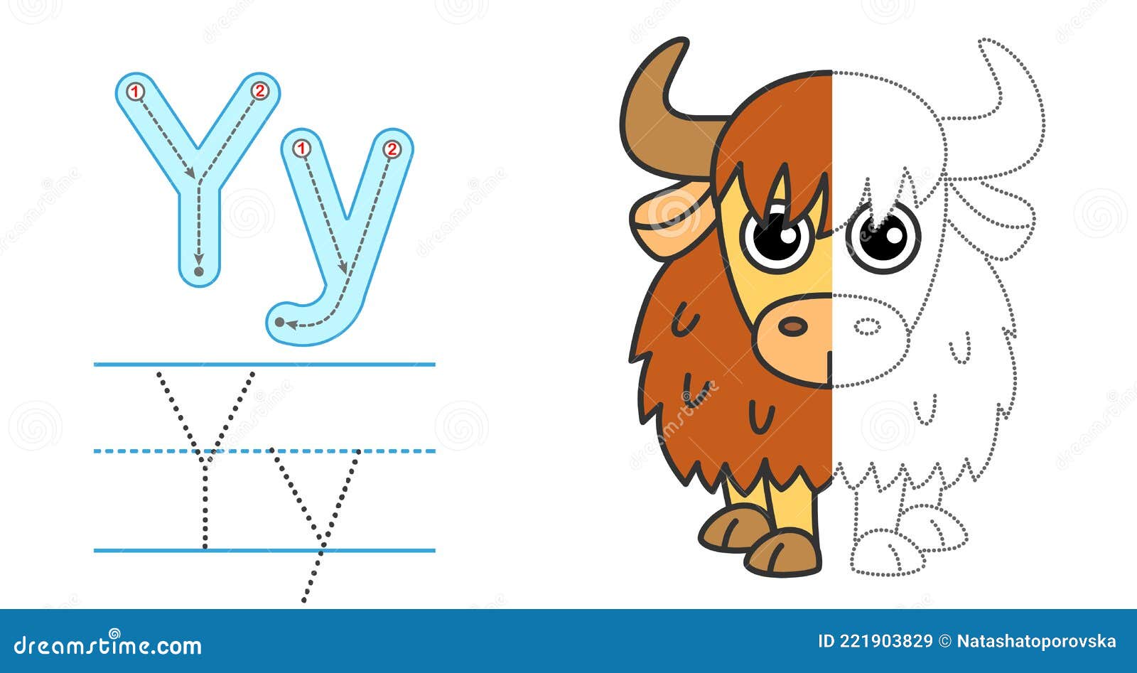 Trace the letter and picture and color it educational children tracing game coloring alphabet letter y and funny yak stock vector