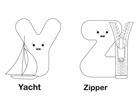 Illustration of alphabet coloring page letters y z with beautiful cliparts isolated on white background