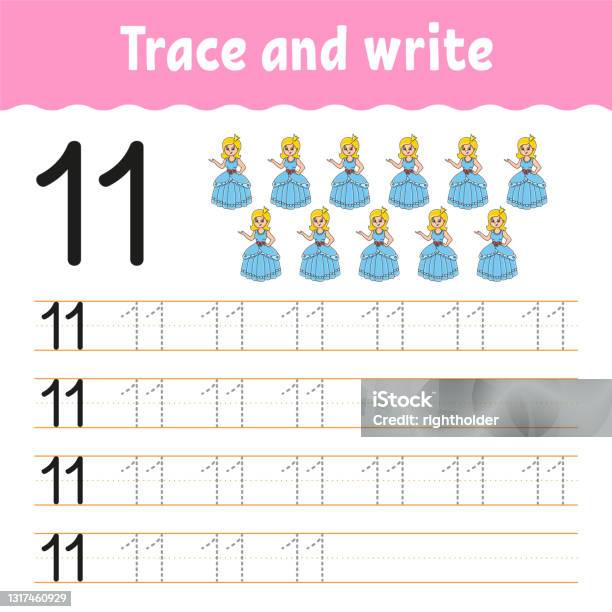 Trace and write handwriting practice learning numbers for kids education developing worksheet activity page game for toddlers and preschoolers isolated vector illustration in cute cartoon style stock illustration
