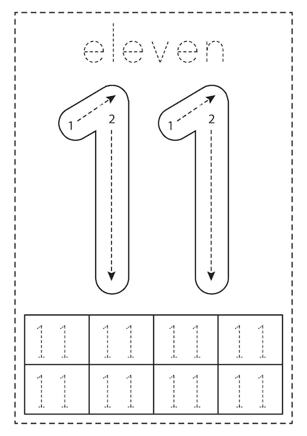 Premium vector tracing number eleven preschool worksheet black and white