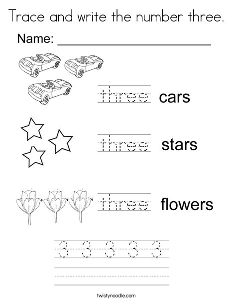 Trace and write the number three coloring page