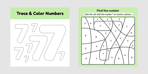Coloring book number for kids worksheet for preschool kindergarten and school age trace line write and color a seven stock illustration