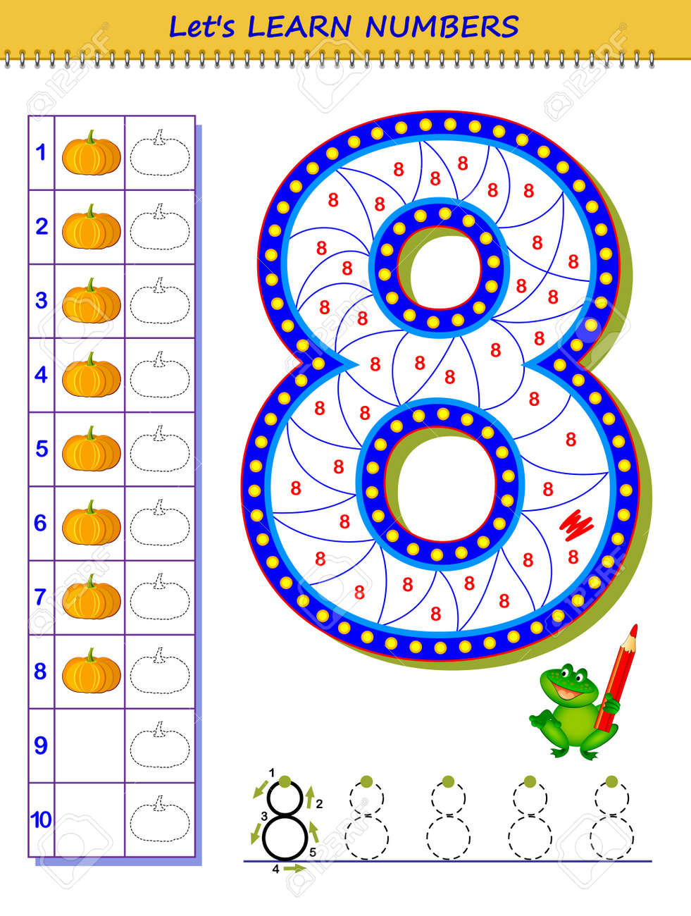 Lets learn numbers educational game for children printable worksheet for school textbook kids activity sheet developing counting and writing skills trace number play online coloring book royalty free svg cliparts vectors