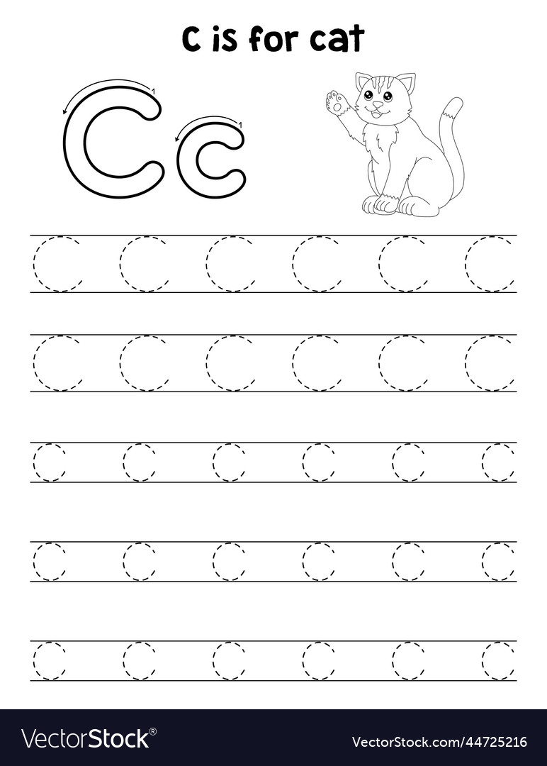 Cat animal tracing letter abc coloring page c vector image