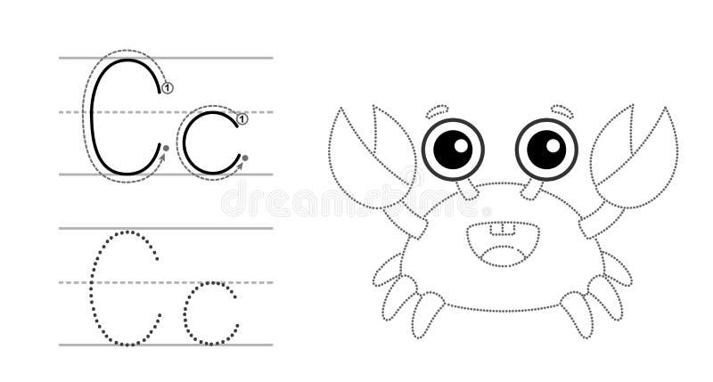 Trace the letter and picture and color it educational children tracing game coloring alphabet letter c and funny crab stock vector