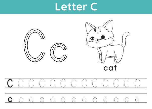 Alphabet abc az exercise coloring page trace letter c vocabulary for coloring book cute kawaii cat printable activity worksheet educational game learn english vector illustration stock illustration
