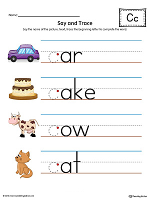 Say and trace letter c beginning sound words worksheet color