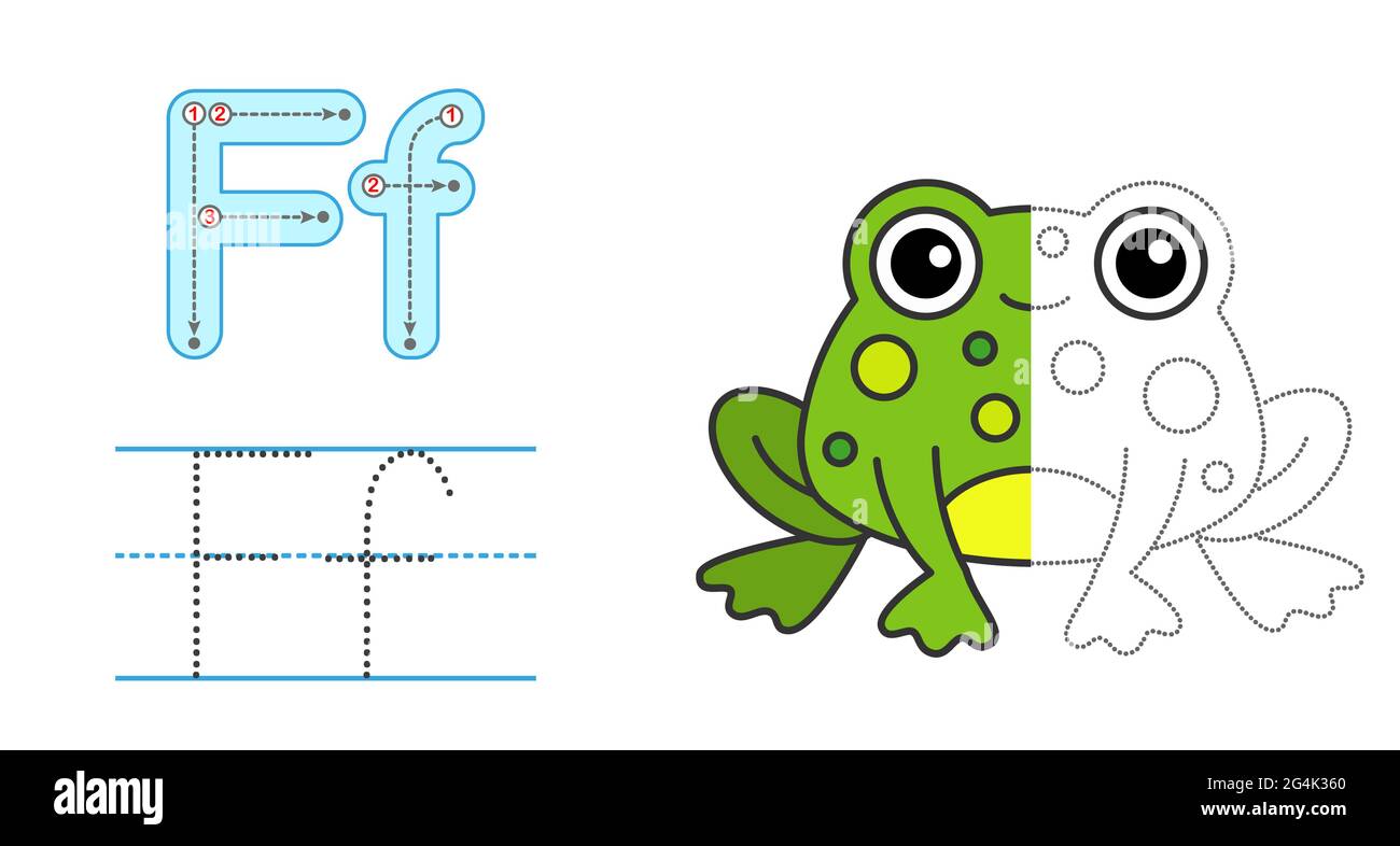 Trace the letter and picture and color it educational children tracing game coloring alphabet letter f and funny frog stock vector image art