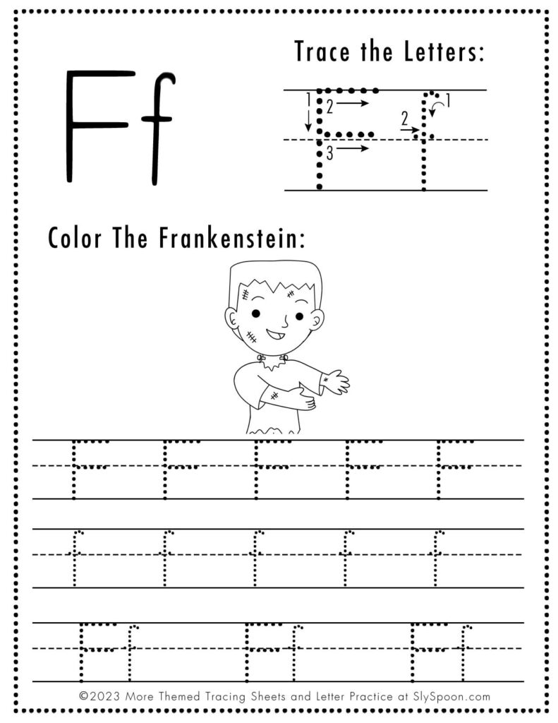 Free printable halloween themed letter f tracing worksheet