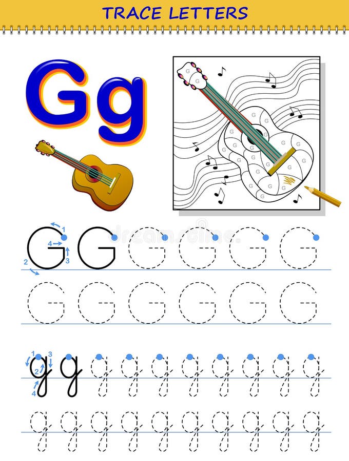 Tracing letter g for study alphabet printable worksheet for kids education page for coloring book stock vector