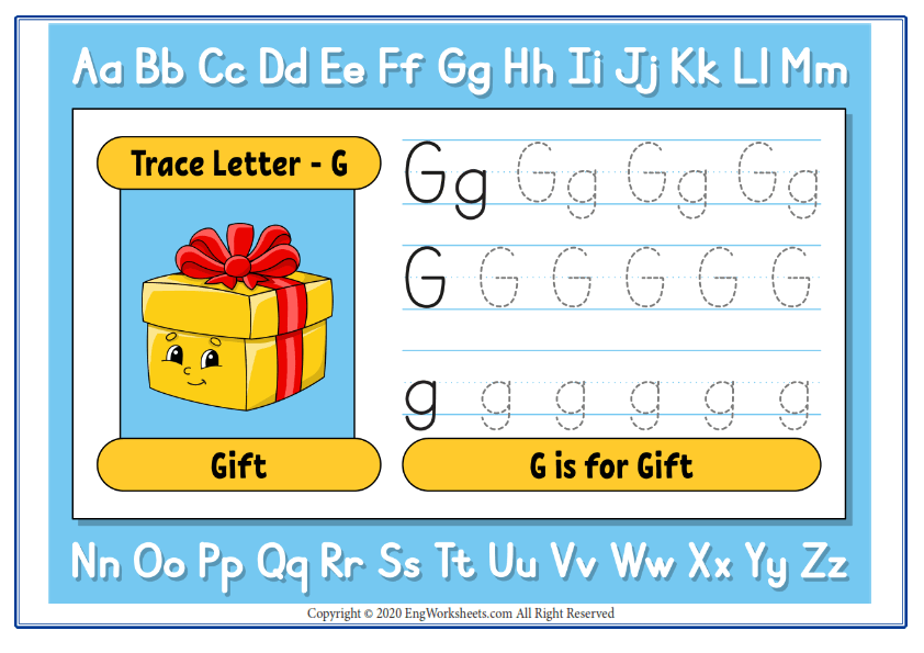 Alphabet letter g exercise with cartoon vocabulary
