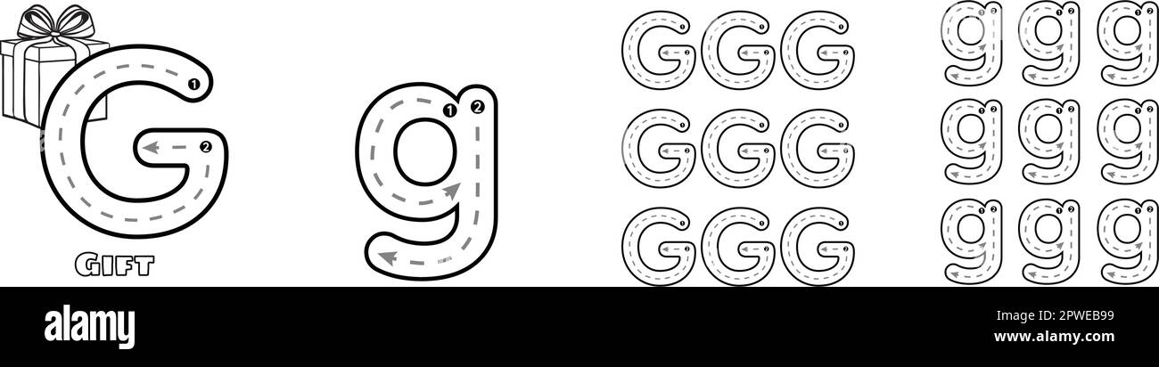 Letter g trace uppercase and lowercase abc alphabet worksheet for kids english vocabulary handwriting tracing practice vector illustration stock vector image art