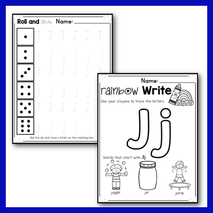 Free printable letter j worksheets tracing letter recognition alphabet sounds