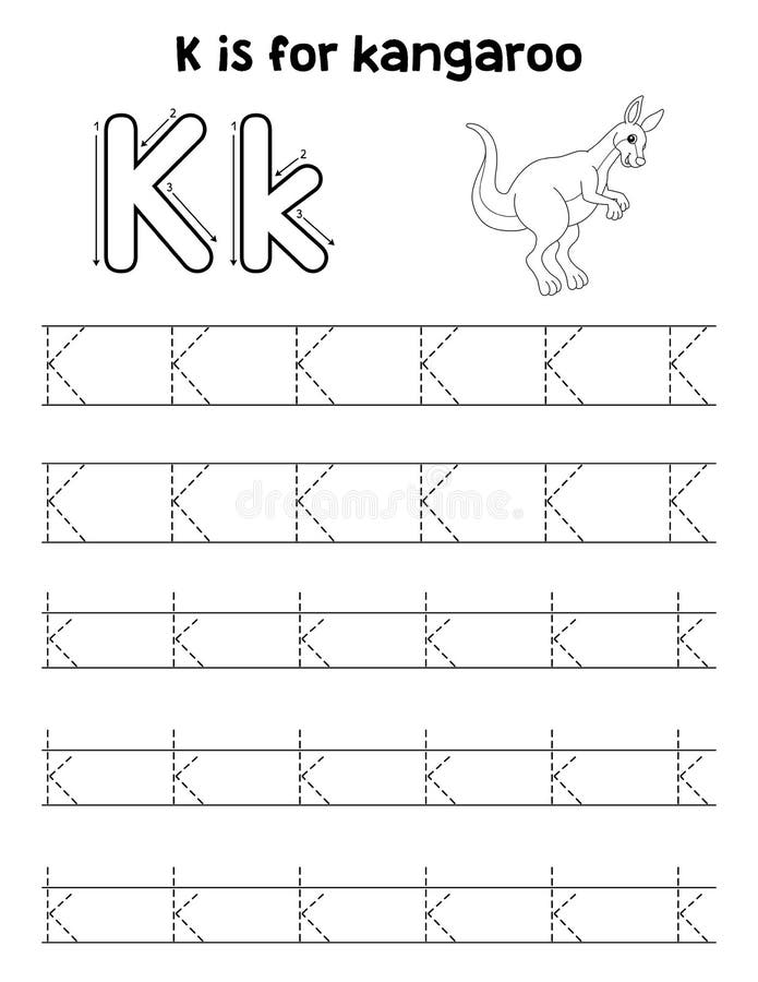 Kangaroo animal tracing letter abc coloring page k stock vector