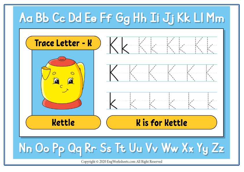 Alphabet letter k exercise with cartoon vocabulary
