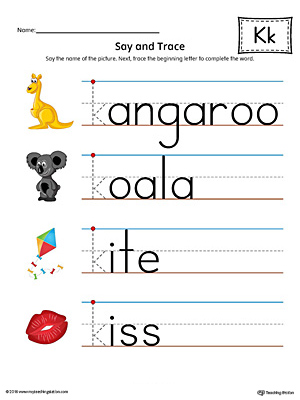 Say and trace letter k beginning sound words worksheet color