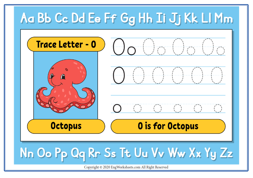 Alphabet letter o exercise with cartoon vocabulary