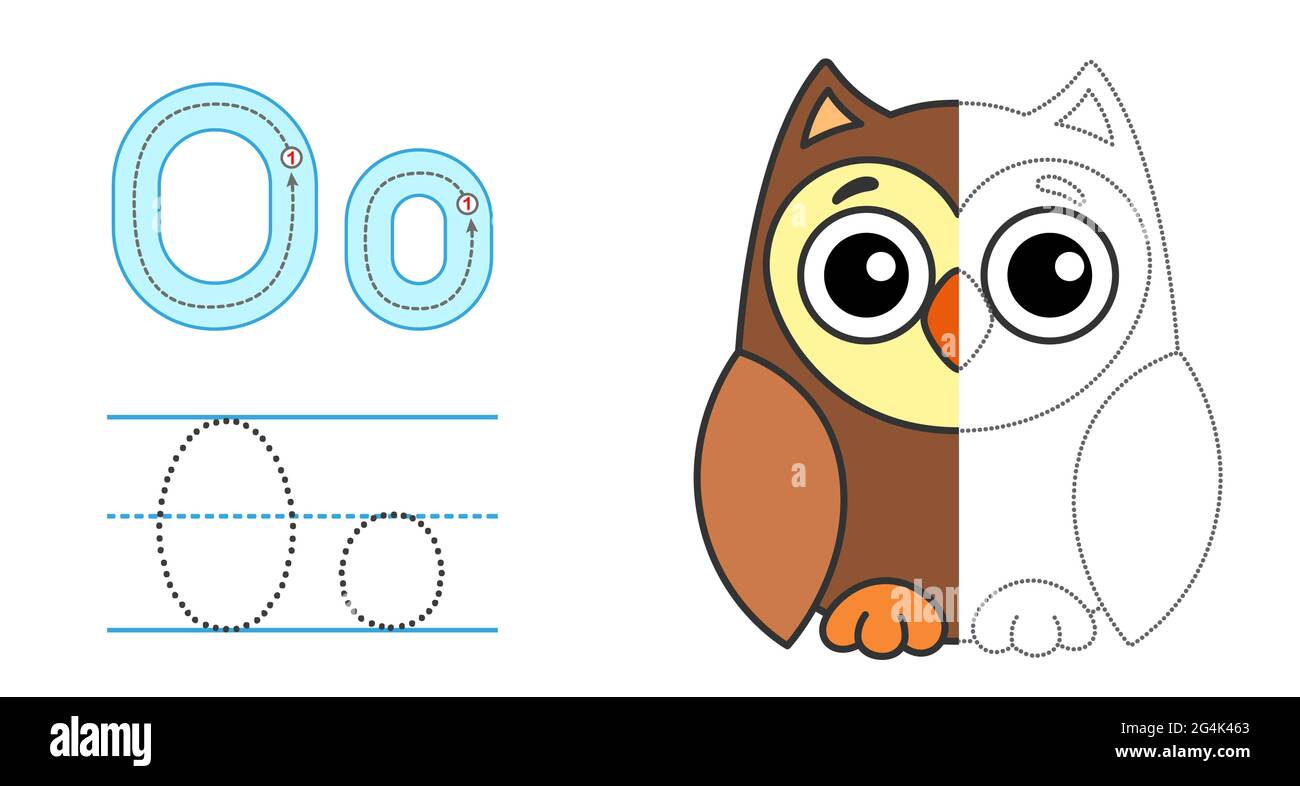 Trace the letter and picture and color it educational children tracing game coloring alphabet letter o and funny owl stock vector image art