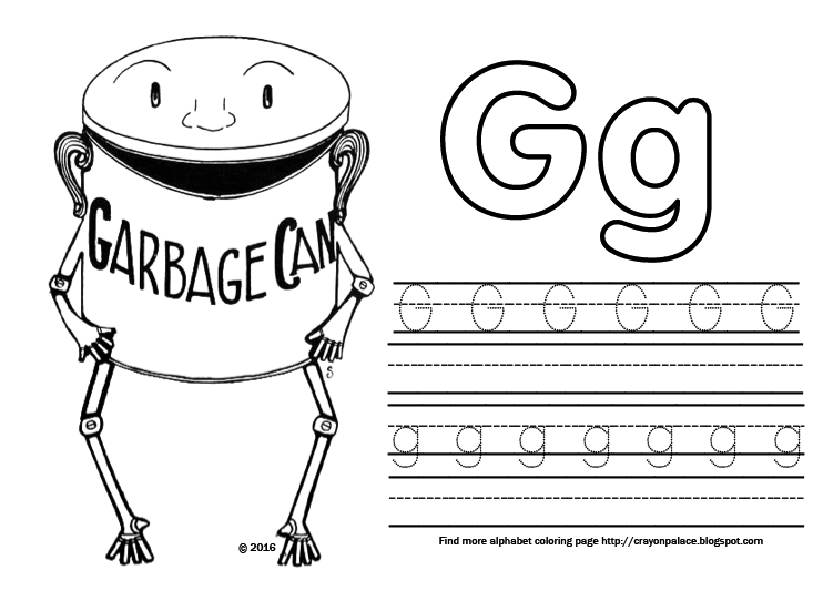 Crayon palace g is for garbage can alphabet coloring page
