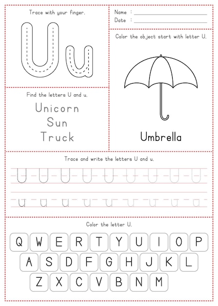 Premium vector children learning printable tracing coloring and writing alphabet u