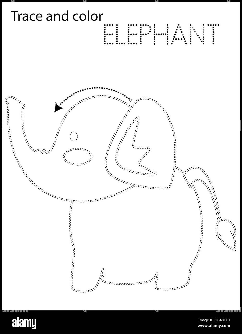 Printable coloring page for kindergarten and preschool tracing animal and names stock photo