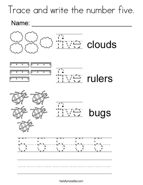 Trace and write the number five coloring page