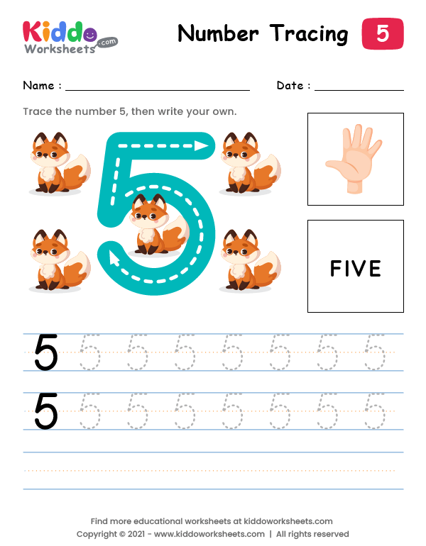 Free printable tracing number five worksheet