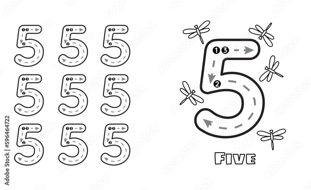 Number five trace practice worksheet for prek kids and toddlers handwriting preschool kindergarten tracing vector illustration vector
