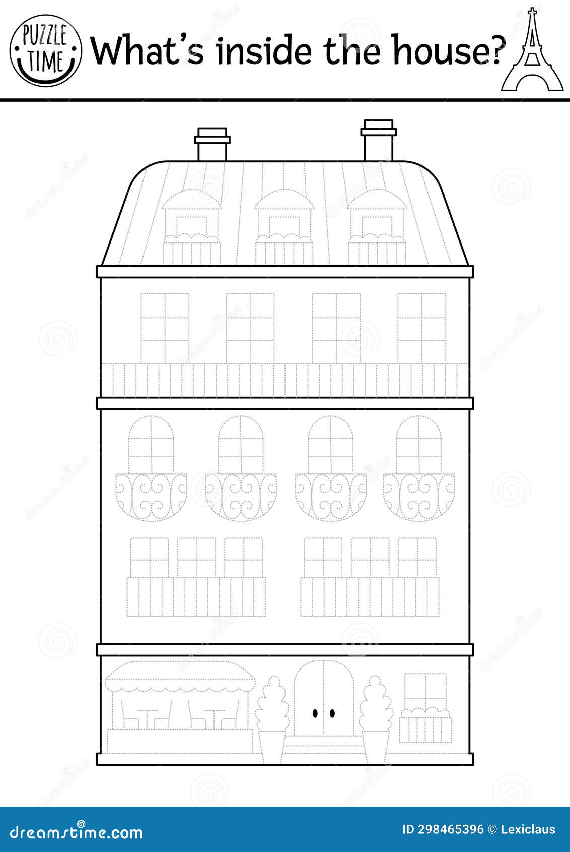 Trace the house vector france themed drawing practice worksheet printable black and white activity for kids stock vector