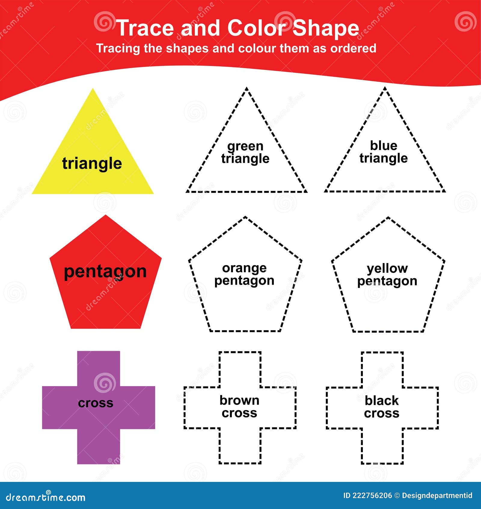 Tracing and coloring the shapes worksheet additional coloring page for kids vector illustration in cartoon style stock vector