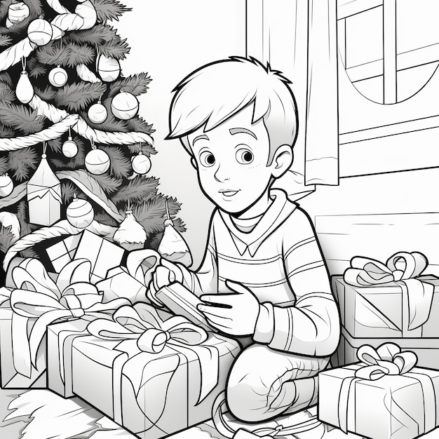 Premium ai image illustration of a christmas coloring page for kids children opening