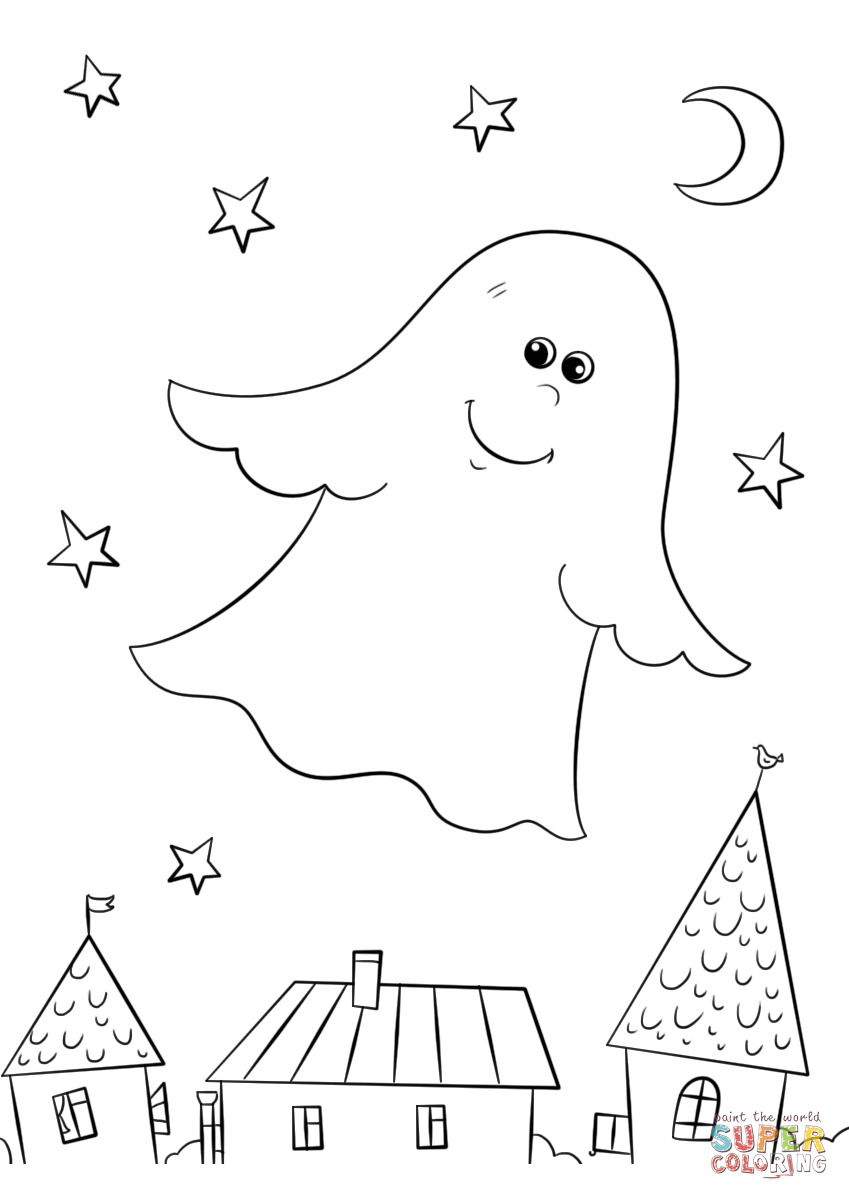 Cute ghost flying over rooftops coloring page free printable coloring pages
