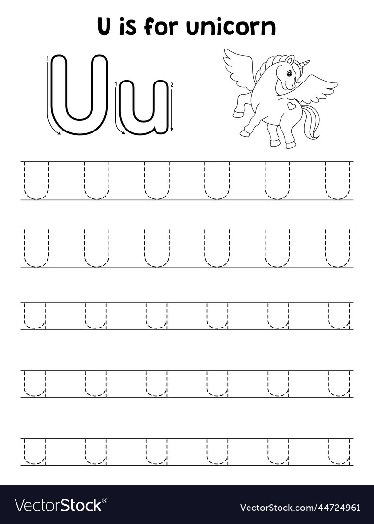Unicorn animal tracing letter abc coloring page u vector image