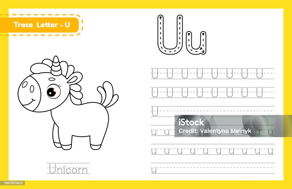 Trace letter u uppercase and lowercase alphabet tracing practice preschool worksheet for kids learning english with cute cartoon animal coloring book for pre k kindergarten vector illustration stock illustration