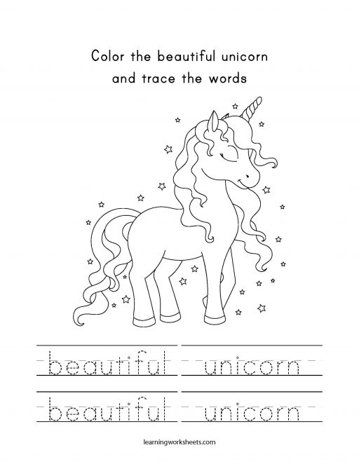 Color the beautiful unicorn and trace the words