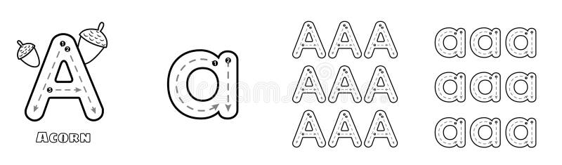 Letter a trace uppercase and lowercase abc alphabet worksheet for kids english vocabulary handwriting tracing practice stock vector