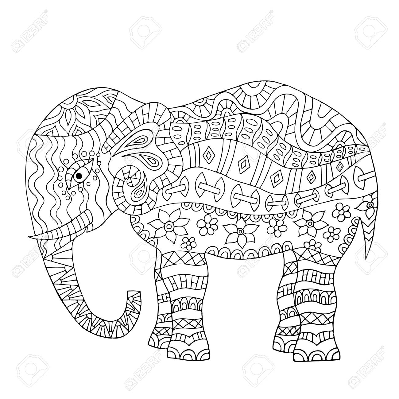 Hand drawn elephant coloring page coloring book page for adults joy to order children and adult colorist made by trace from sketch ink pen black and white background patters for relax and