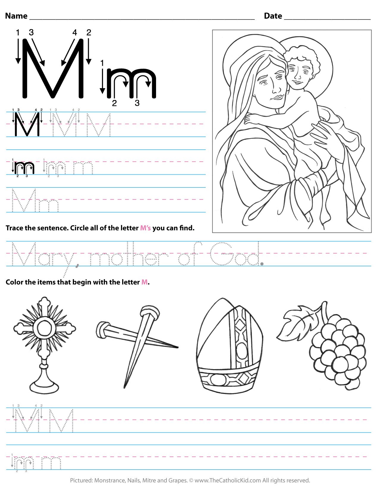 Catholic alphabet letter m worksheet preschool kindergarten